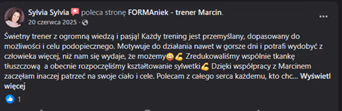 Opinia podopiecznego z facebooka po współpracy z trenerem Marcinem