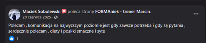 Opinia podopiecznego z facebooka po współpracy z trenerem Marcinem