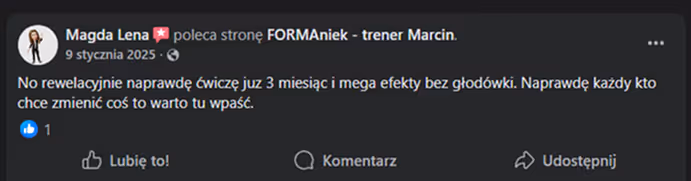 Opinia podopiecznego z facebooka po współpracy z trenerem Marcinem